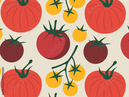 Seamless pattern of ripe red and yellow tomatoes a light beige background