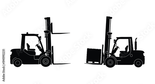 Two forklift illustrations showing different views distinct black silhouette