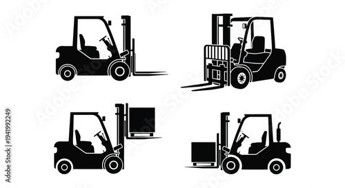 Four forklift illustrations showcase industrial machinery in stark silhouette