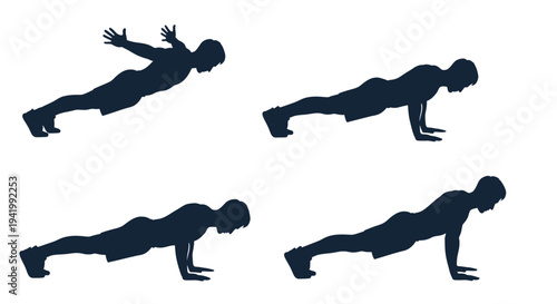 Four stages of a push up exercise depicted as a silhouette