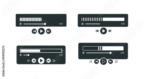 Four media player controls with progress bars a graphic silhouette