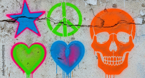 Colorful Graffiti Art Featuring Peace Skull and Hearts.