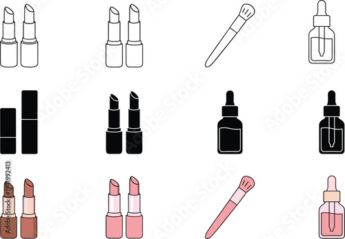 Vector set of cosmetic products featuring lipsticks makeup brushes and serum bottles for beauty branding fashion blogs and salon logos.