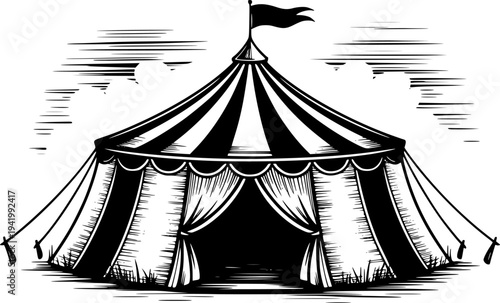 Vintage Black and White Circus Tent with Flag and Curtains White Background