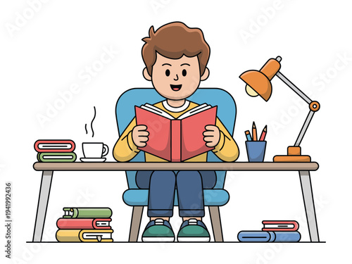 Young boy sits happily at a desk reading a large red book with a lamp and coffee nearby.