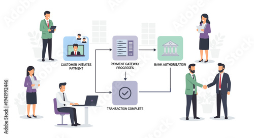 Visual representation of a secure online payment transaction process, from customer initiation to bank authorization and completion.