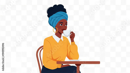 Woman wearing a blue headwrap and yellow sweater drinks coffee at a table illustration