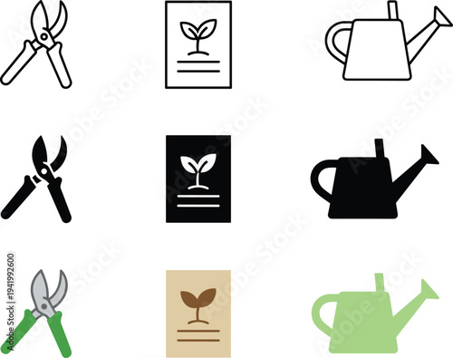 Vector set of gardening tools featuring pruning shears seed packets and watering cans for horticulture branding farm supply logos and agricultural designs.