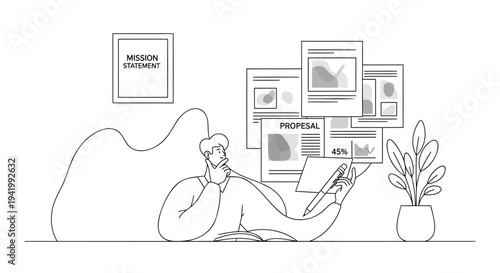 Vector illustration of a man relaxing with a laptop and pictures on the wall