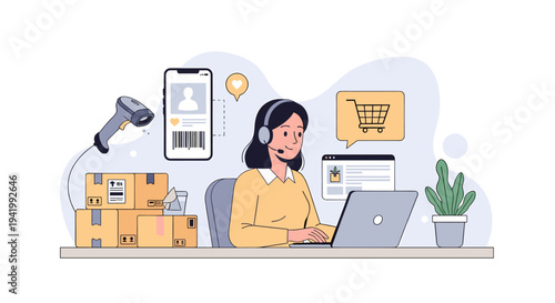 Customer service representative working on a laptop with shipping boxes and a barcode scanner, representing e-commerce logistics and online order fulfillment.