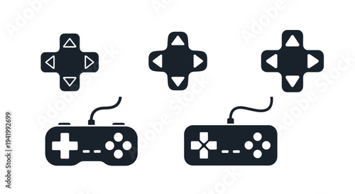 Black game controllers and directional pads in a dark silhouette