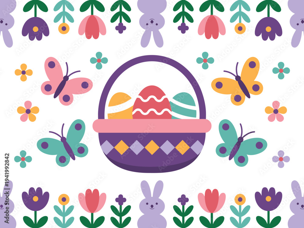 Fototapeta premium Easter basket holds decorated eggs surrounded by butterflies, flowers, and stylized rabbits.