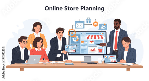 A diverse team of professionals collaborates on planning an online store, utilizing digital displays and charts.