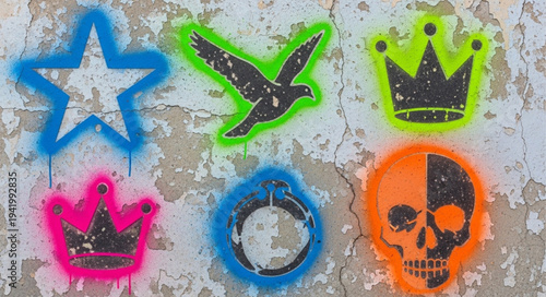 Colorful Graffiti Art Featuring Crown, Skull, and Bird Symbols.