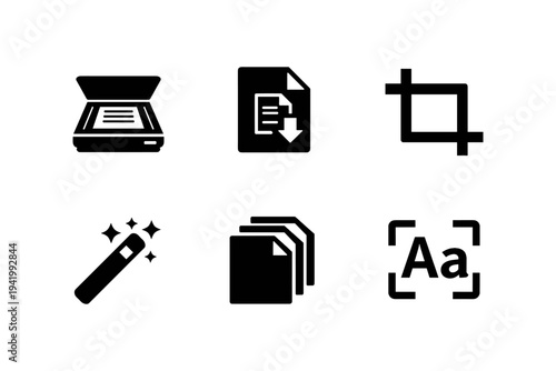 Collection of six black icons representing digital document and image editing functions