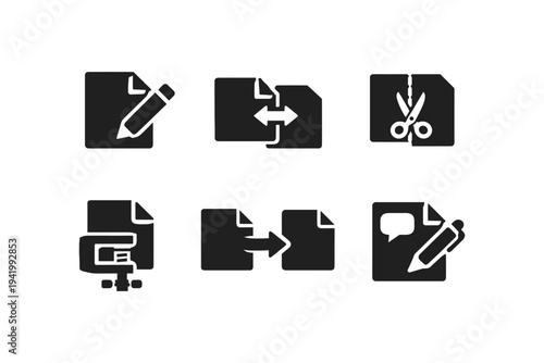 Set of document icons representing editing, merging, cutting, compressing, transferring, and commenting