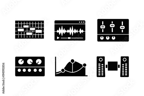 Collection of audio production and sound engineering icons in black and white