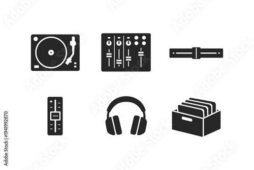 Collection of DJ equipment icons including turntable, mixer, sliders, and headphones