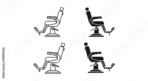 Four depictions of barber chairs in contrasting styles silhouette