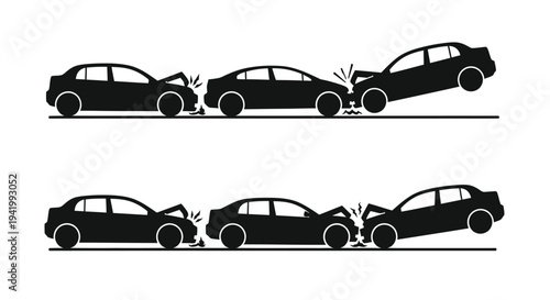 Car crash scenes depicted in a stark black silhouette