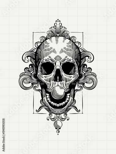 Gothic Skull with Ornamental Frame Vintage Nautical Engraving Illustration