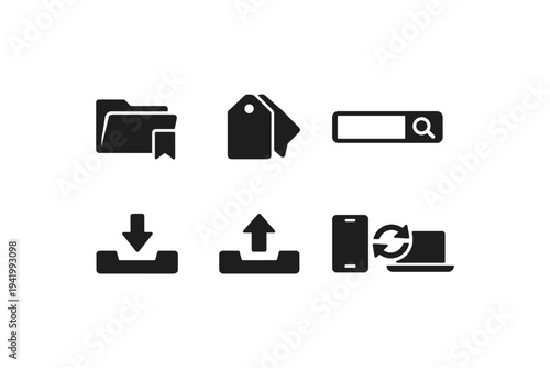 Collection of black icons for file management and search functionality