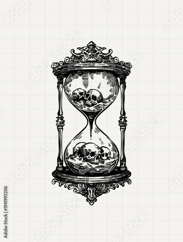 Hourglass Skull Vintage Nautical Engraving Illustration