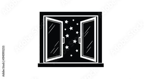 Open window revealing starry night sky a dramatic silhouette