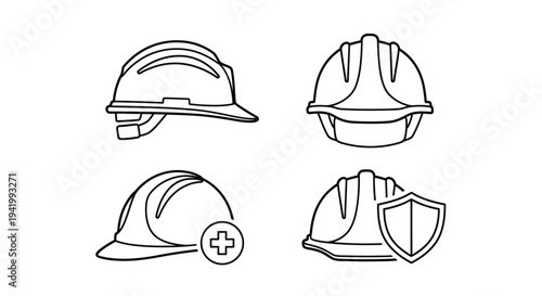 Four construction helmets depicted in a minimalist black outline silhouette