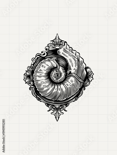Vintage Nautical Shell Ornament Engraving Illustration