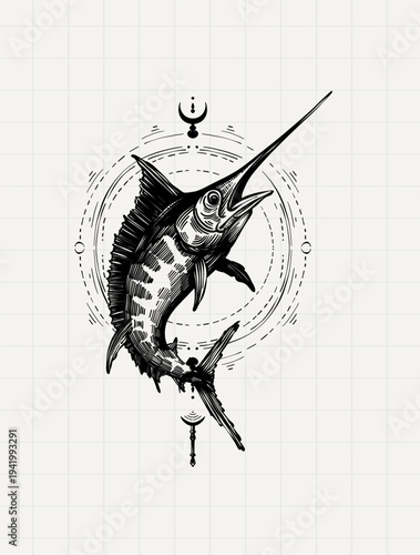 Detailed vintage engraving illustration of swordfish inspired by marine wildlife and ocean exploration themes.