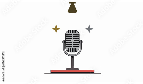 Retro microphone with spotlight and stars podcast radio show and music recording studio flat vector illustration
