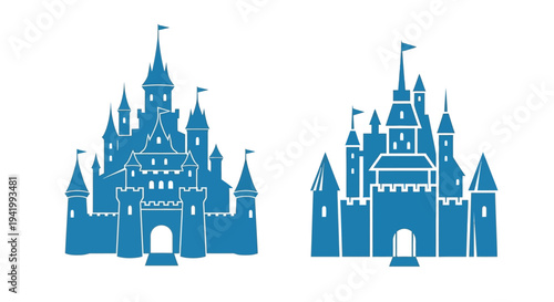 Two blue castle illustrations with detailed turrets and flags silhouette