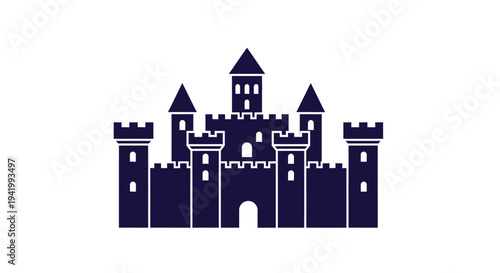 Dark blue castle illustration with prominent towers and a striking silhouette