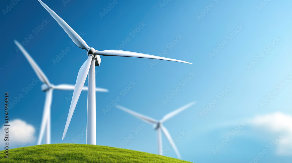 Fototapeta premium Wind turbines rotating on green hill providing sustainable clean energy source. Environment Earth Day. Ecology. Save clean planet. Concept of forest conservation