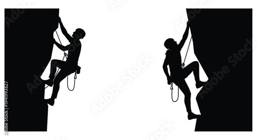 Rock climbers scaling a cliff face depicted in dark silhouette