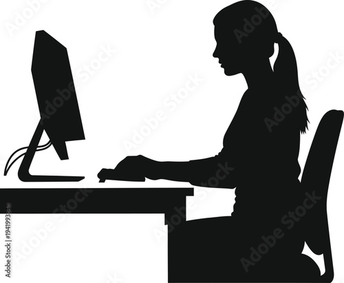 Woman Sitting at Desk Working on Computer Silhouette - Office Girl Typing on Keyboard Vector Black Illustration Isolated on White Background