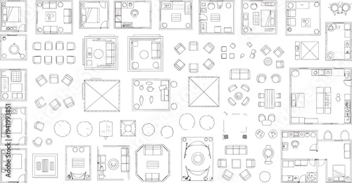 A collection of various technical blueprint drawings isolated on transparent background