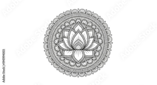 Intricate henna design element featuring a flower pattern within a circular abstract pattern on a white background, with a focus on detailed art and illustration.