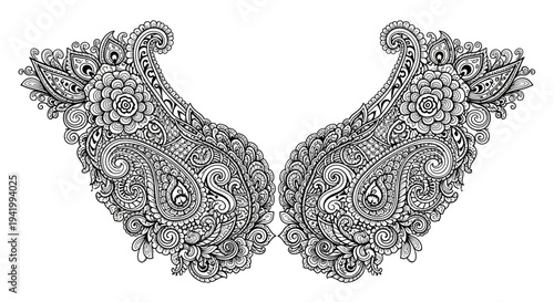 Intricate henna art design with tailed mehndi patterns and floral motifs on a white background, featuring abstract and ornate elements.