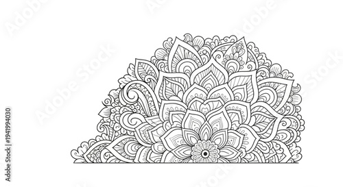 Intricate henna design with floral patterns and abstract elements on a white background, featuring a tailed mehndi collection in a detailed illustration.