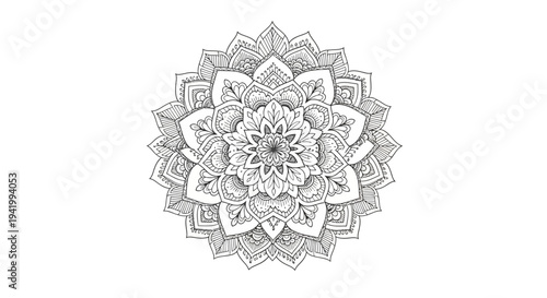 Intricate henna design with tailed mehndi patterns on a white background, showcasing an abstract flower pattern in a circular illustration.