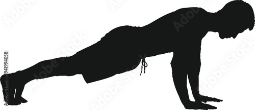 Man Doing Push Up Exercise Silhouette - Fitness Workout Plank Position Male Athlete Vector Black Illustration Isolated on White Background