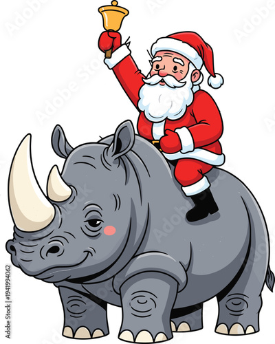 Santa claus joyfully rides a rhinoceros while ringing a golden bell