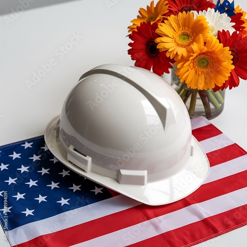 Wallpaper Mural White hard hat on us flag with colorful gerbera daisies, festive labor day scene Torontodigital.ca