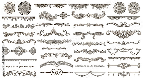 Collection of intricate mehndi designs and henna art elements in a vector illustration featuring various ornate patterns and floral motifs on a clean background.
