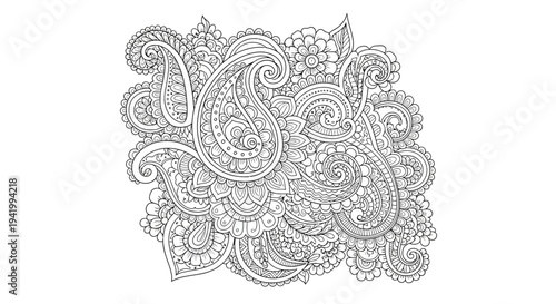 Intricate henna design with floral patterns and abstract elements on a white background, featuring a detailed illustration of tailed mehndi designs.
