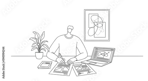 Vector illustration of a man working on documents at a desk with laptop and plant