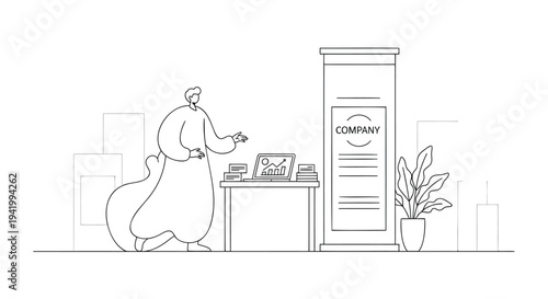 Vector illustration of businesswoman at office desk with company building