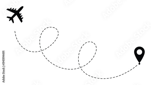 Airplane route vector set – dotted line flight paths, travel routes with start and destination points, black silhouette aircraft icons